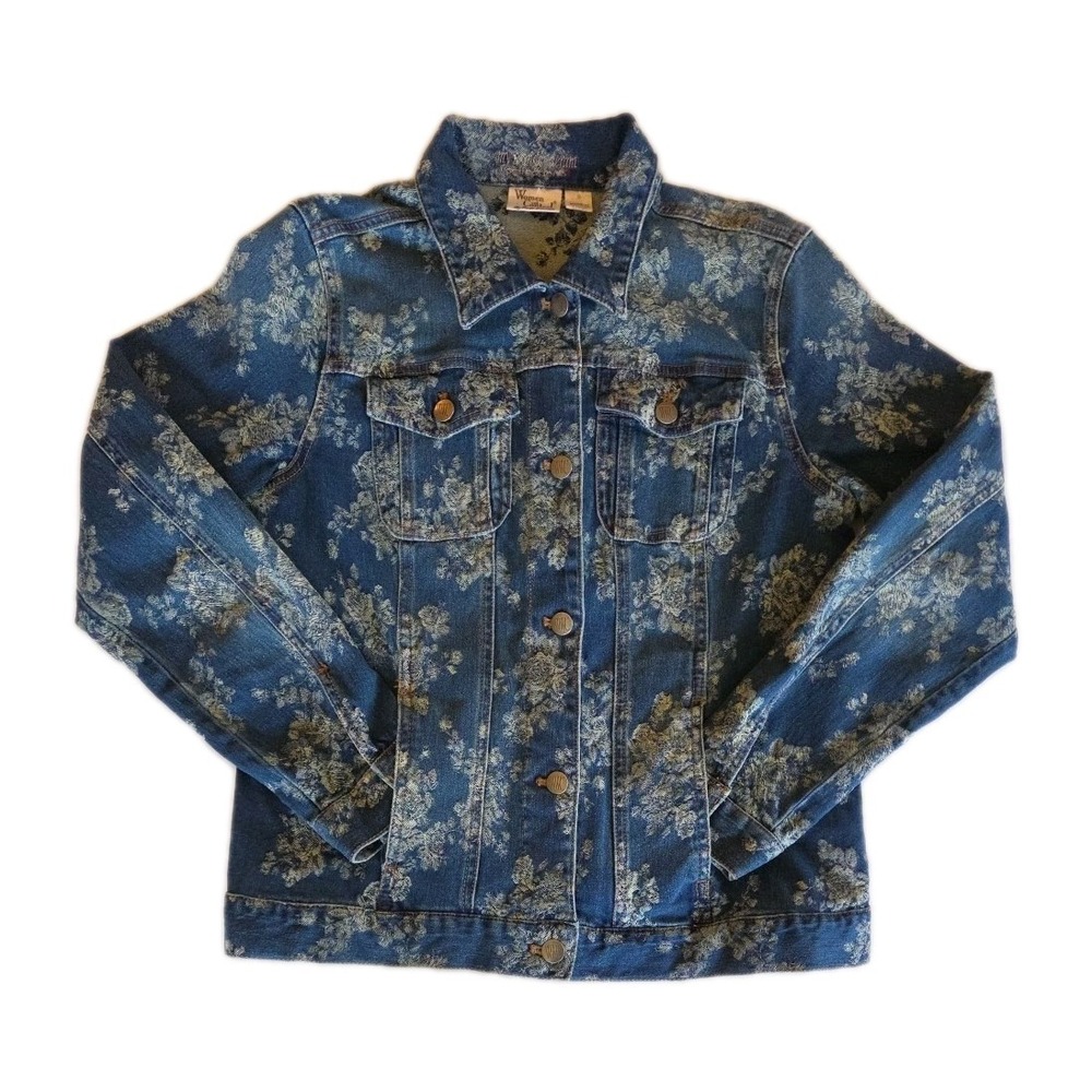 Womens Floral Denim Trucker Jacket Sz S Blue Boho 90s Coastal Cottage Romantic